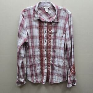 Sundance Plaid Flannel Embroidered Cotton Button-Down Shirt Top Beige Rust SZ 12